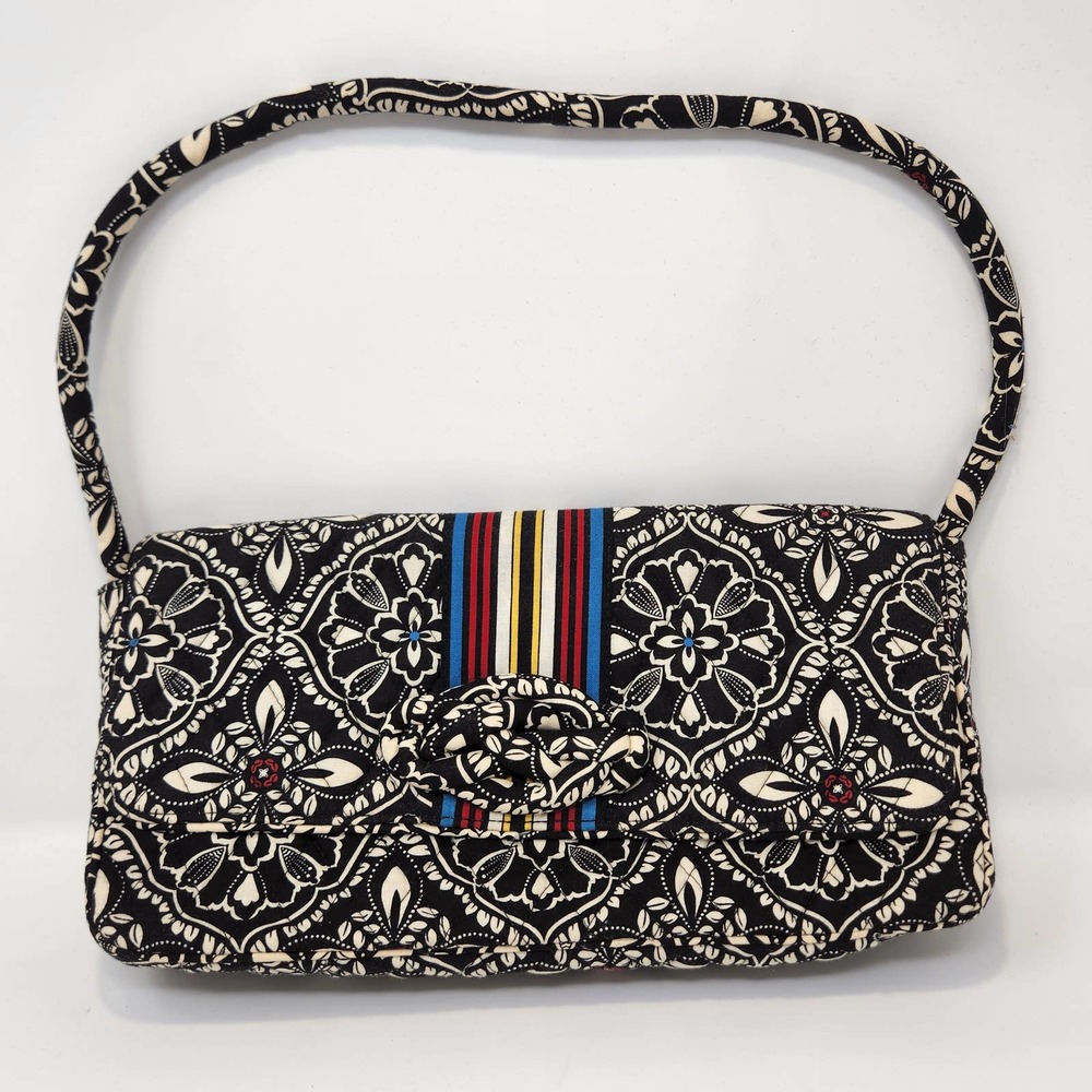 Vera Bradley Barcelona Pattern Shoulder Bag Black White Floral Rectangle Pockets